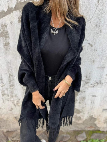 Greta - Casual Long Sleeve Jacket with Fringes and Knitted Scarf