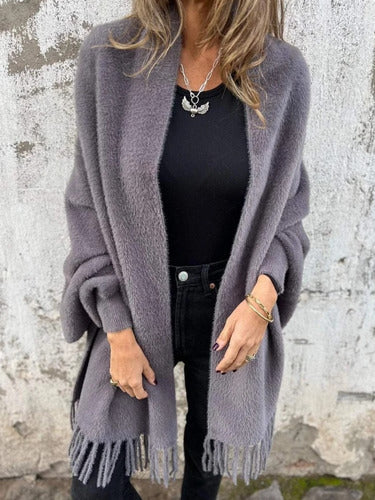 Greta - Casual Long Sleeve Jacket with Fringes and Knitted Scarf