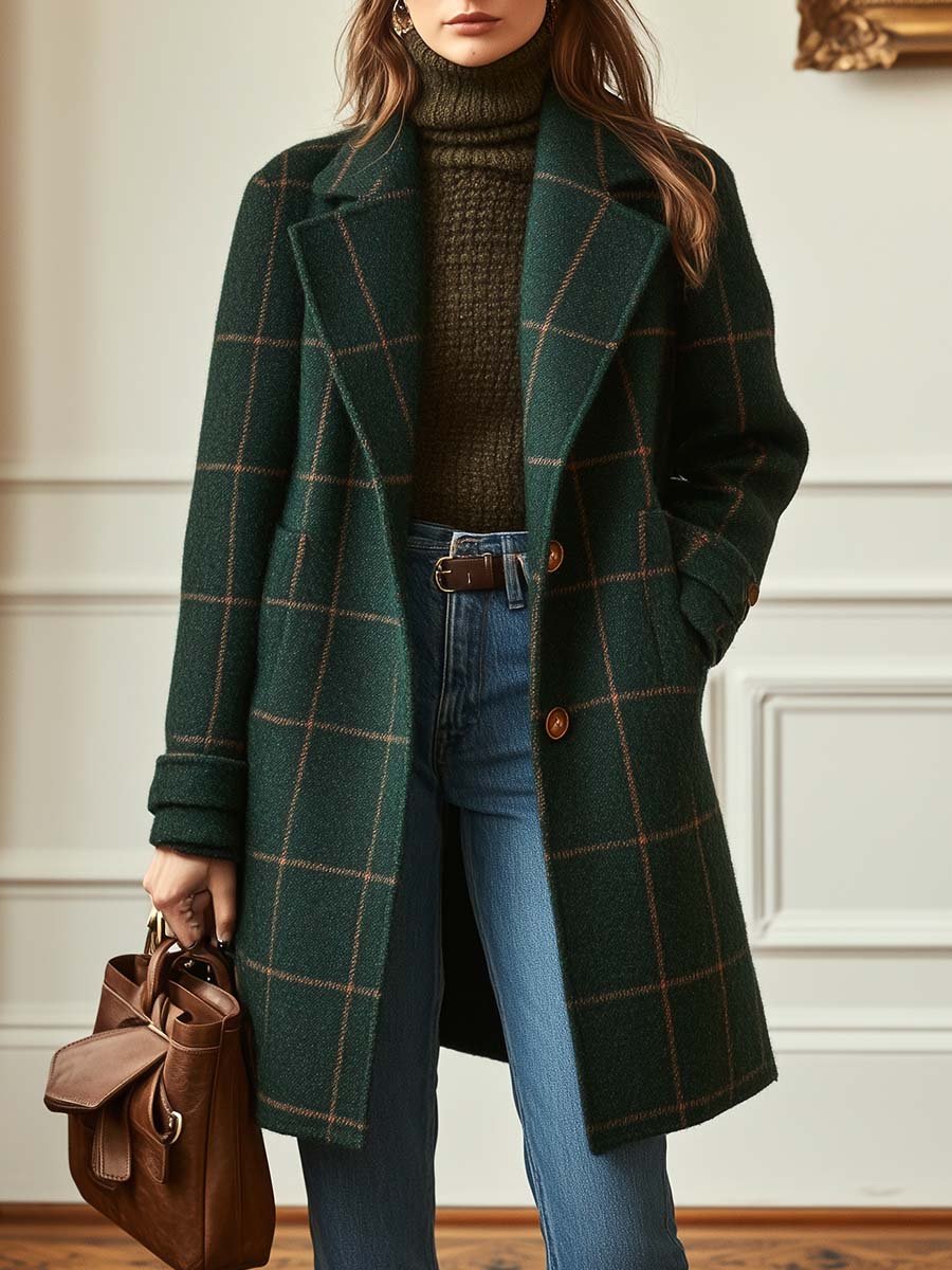 Tweed Check Coat with Retro Lapels for Women