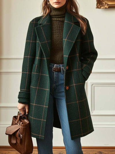 Tweed Check Coat with Retro Lapels for Women