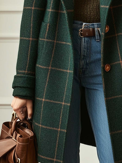Tweed Check Coat with Retro Lapels for Women
